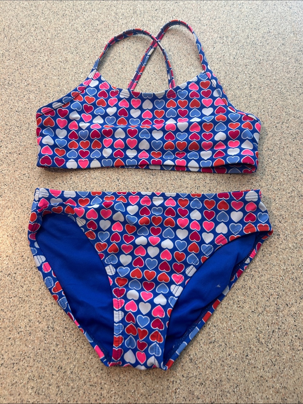 GAP Girls Blue Heart-Print Two-Piece Swim Set with Red & Pink Hearts